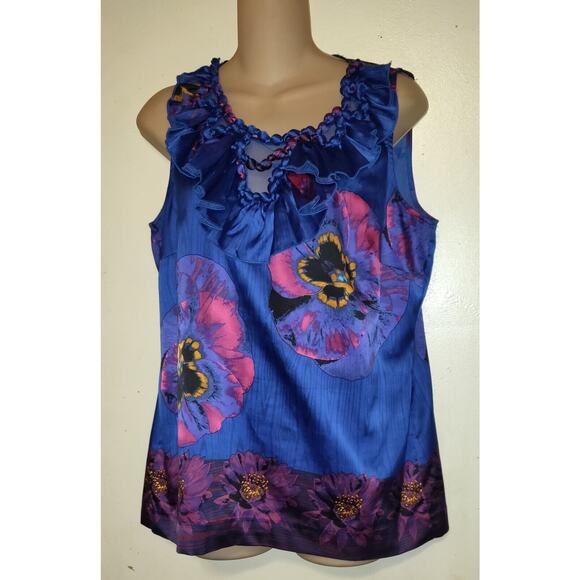 Blue Hawaiian Tank Top Sz 10 ECI New York Vintage Silky Look Floral Tropical 10 - Picture 1 of 12